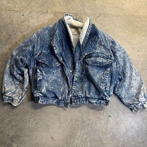 VTG Men's Coda Acid Wash Denim Trucker Bomber Sherpa Lined Jacket S/M  Retro Y2k
